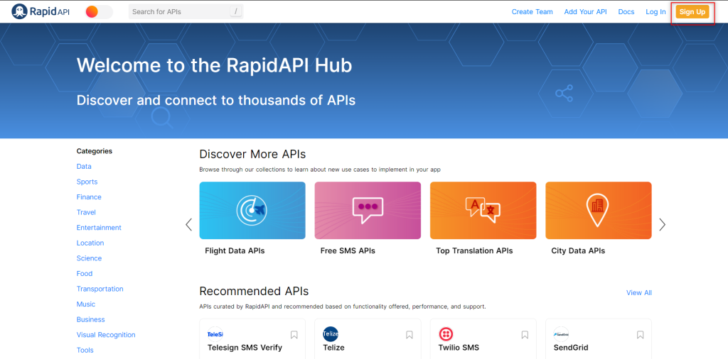 Sign Up on RapidAPI