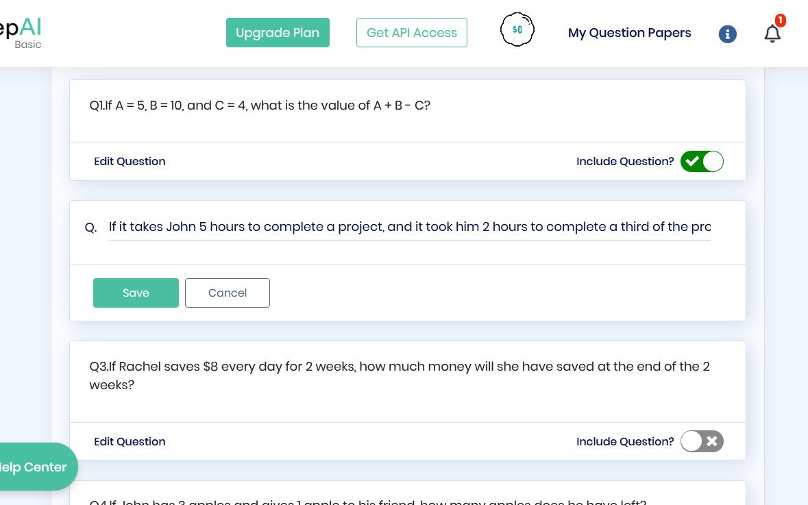 Next, you can edit each question manually to change the wording or sentence structure. You can also keep or delete the auto-generated questions and rate them. 