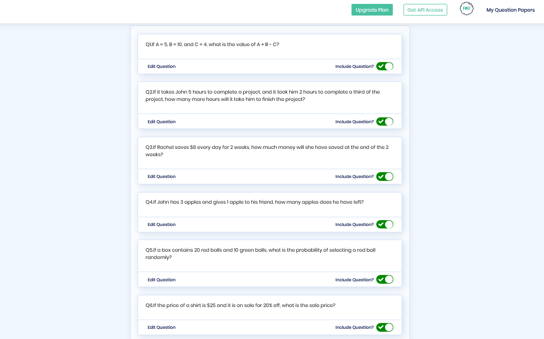 Rating the questions will help the algorithm understand your preferences and create personalized test papers over time.