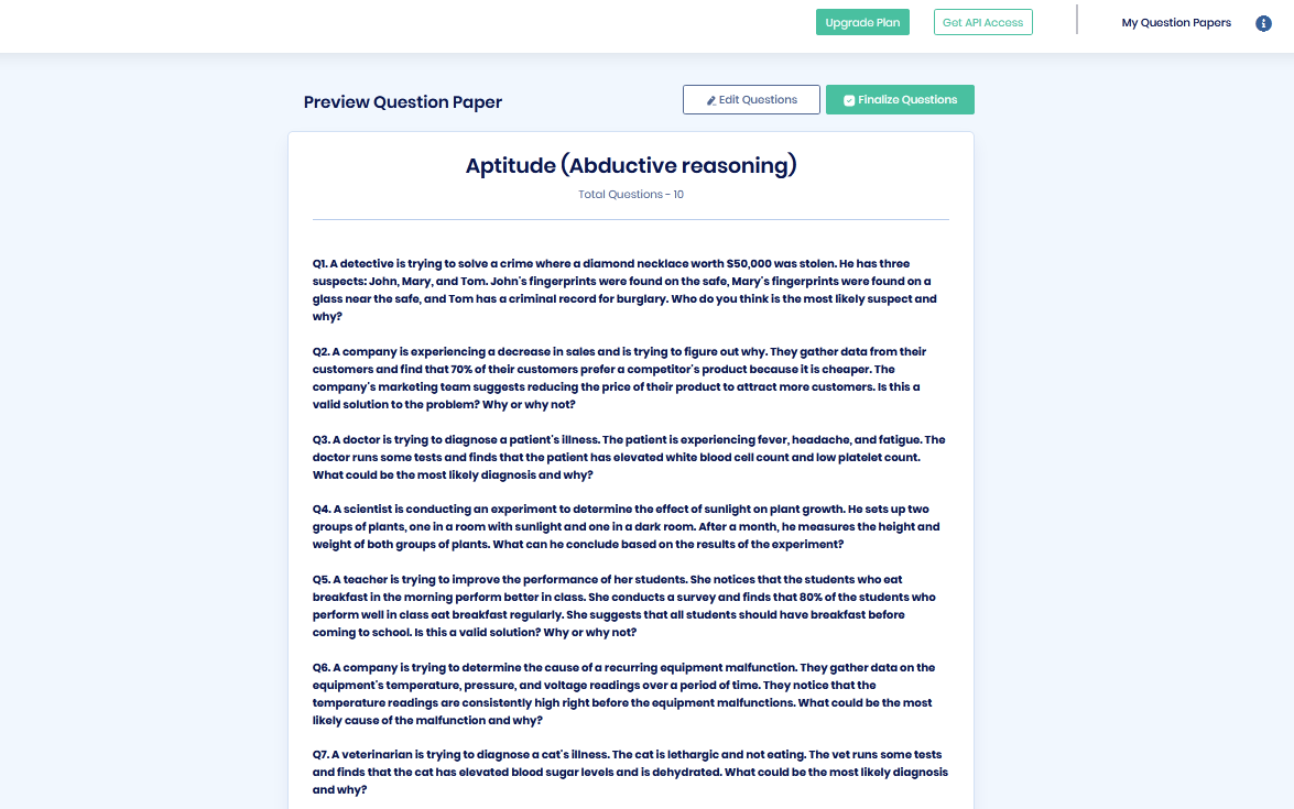 The aptitude test paper will be loaded as a new page. You can go back and edit or click on the Finalize Questions button.