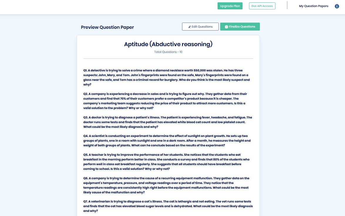 The aptitude test paper will be loaded as a new page. You can go back and edit or click on the Finalize Questions button. 