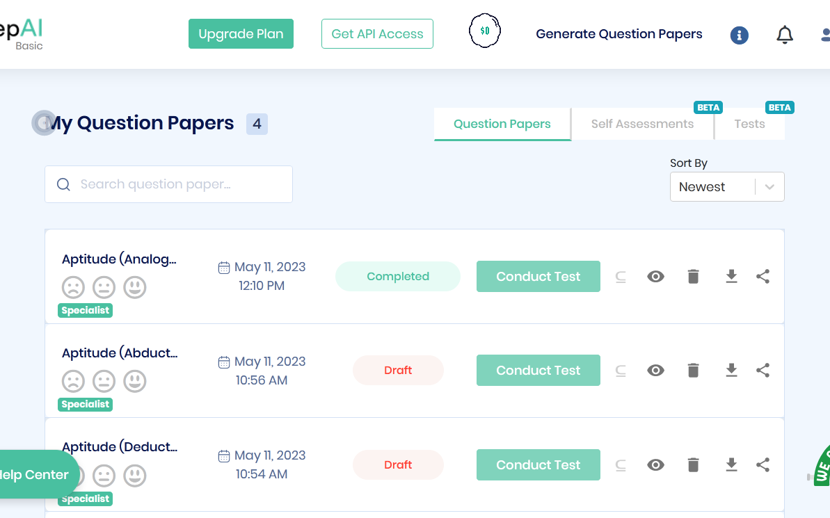 The aptitude questions from the online test paper can be accessed through your PrepAI dashboard. You can go back to edit/ delete/ download the question paper or conduct a test from the same interface.