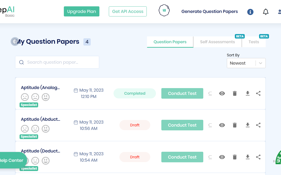 The aptitude questions from the online test paper can be accessed through your PrepAI dashboard. You can go back to edit/ delete/ download the question paper or conduct a test from the same interface. 