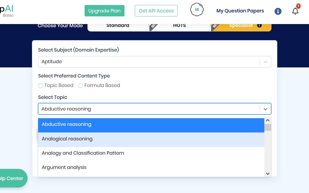 Select Aptitude from the Subject (Domain Expertise) drop-down field. 