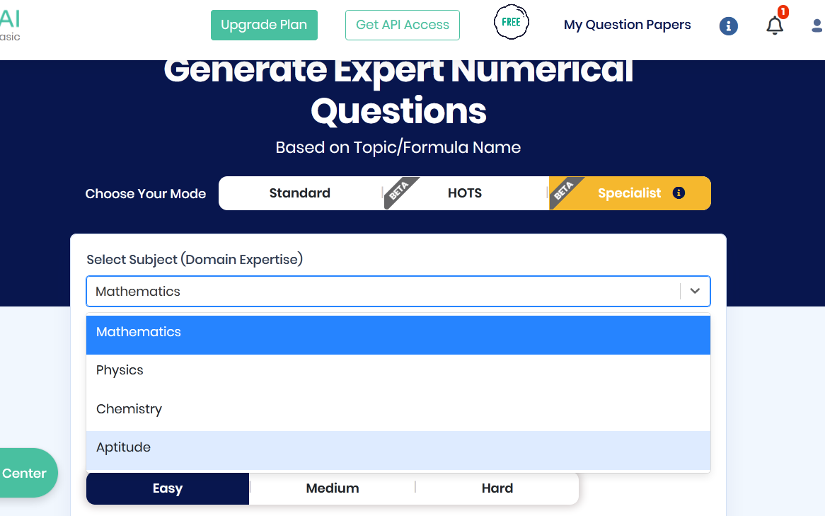 
Once you sign into your account, select your test-conducting mode from the available three options- Standard, HOTS, and Specialist. To conduct Aptitude tests, go to the Specialist Mode. 