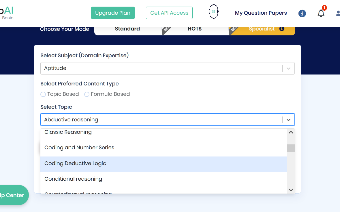 Then select the type of aptitude test you want to create. PrepAI offers a long list of topics to choose from.