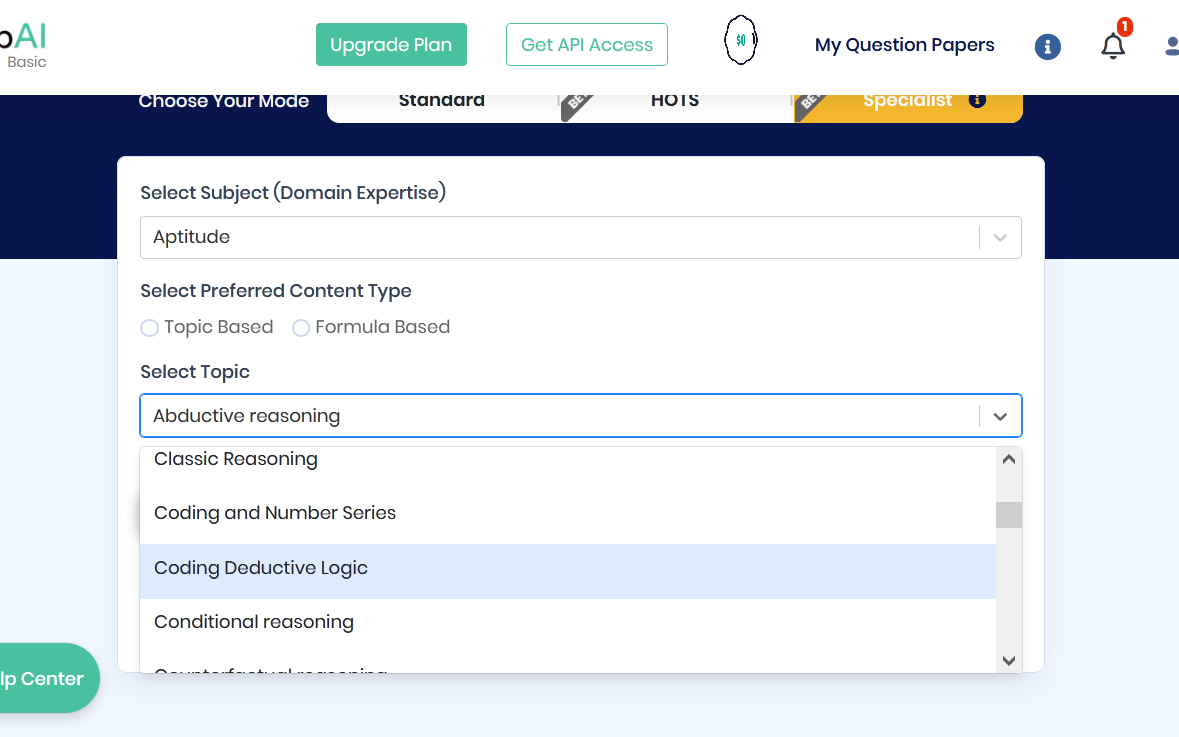 Then select the type of aptitude test you want to create. PrepAI offers a long list of topics to choose from. 