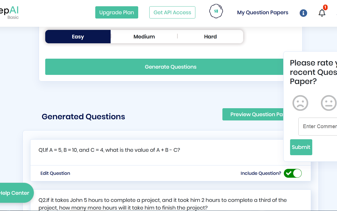 Click on the Generate Questions button and wait for a few seconds. The online test generator will automatically create a list of questions. 